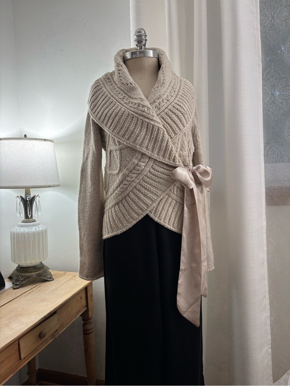 Apt. 9 Cream Knit Wrap Cardigan with Satin Side Tie, L, VGUC